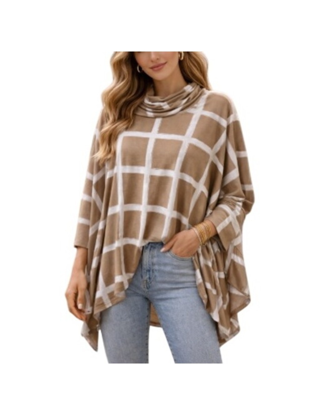 Alfani Women's Tan White Grid Print Turtleneck Poncho Sweater Top Size L NWT